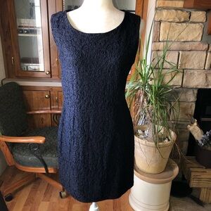 LIZ CLAIBORNE SIZE 10 NAVY BLUE SLEEVELESS DRESS FULLY LINED EMBROIDERED LACE